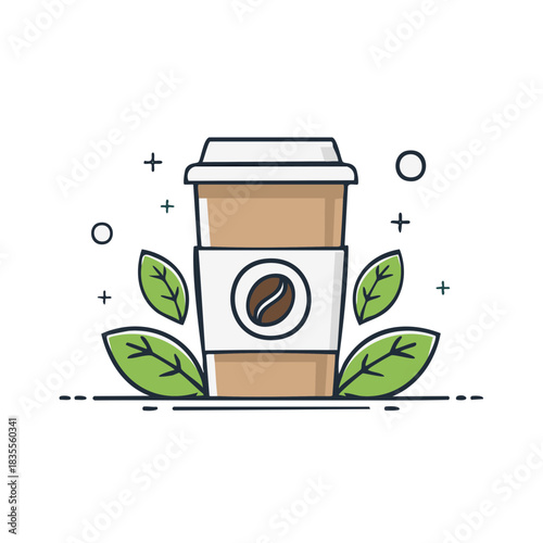 Paper Coffee Cup with Leaves and Coffee Bean Illustration