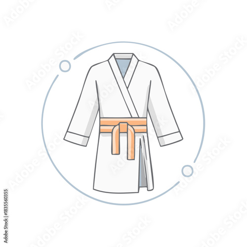 Martial arts uniform with orange belt flat illustration in a circle for sports