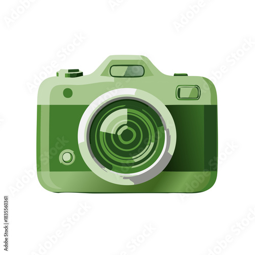 Green camera illustration with detailed lens elements