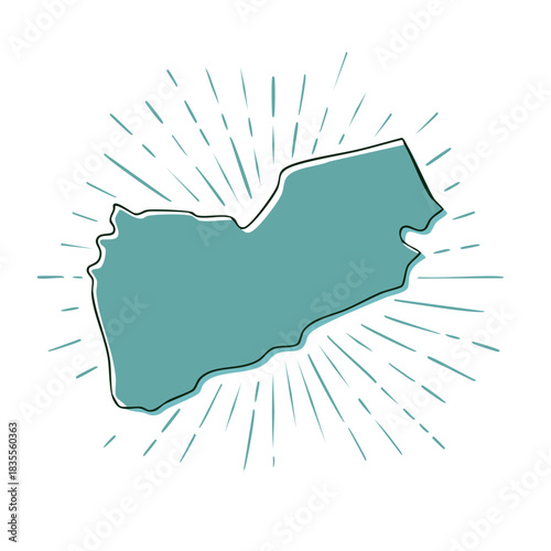 Turquoise country map outline with sunburst rays illustration