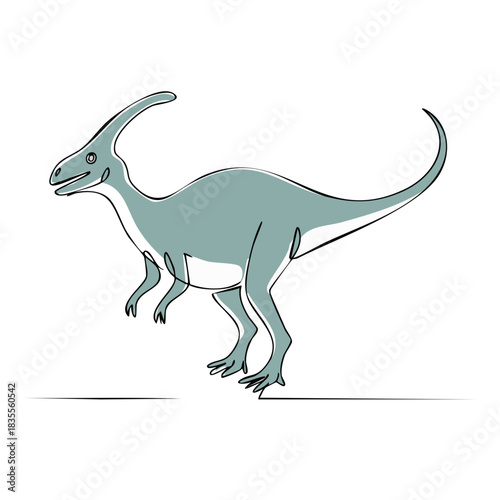 Stylized light green Parasaurolophus dinosaur continuous line art illustration with modern design
