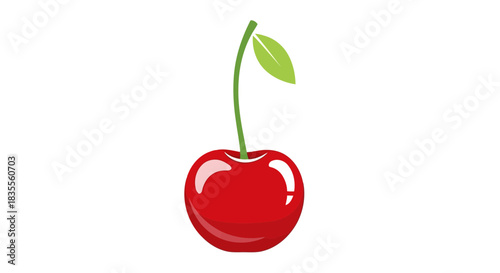 A vibrant red cherry illustration with a fresh green stem and single leaf on white Vector
