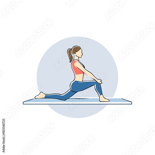 Woman performing a low lunge yoga pose on a mat in a stylized illustration