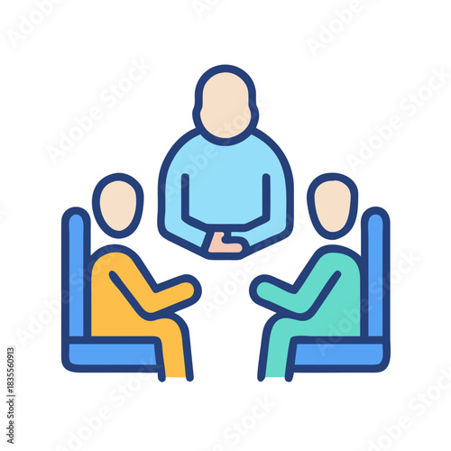 Meeting Icon Illustration: Three Individuals in Discussion with a Central Figure