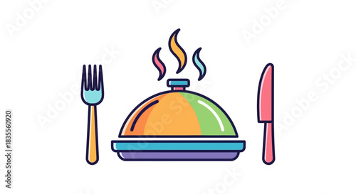 Served hot meal cloche, fork, and knife flat design illustration. Vector