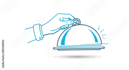 Hand lifting cloche from serving tray, premium service concept art Vector