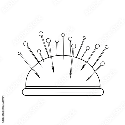 Outline of a pincushion filled with sewing pins against a white background