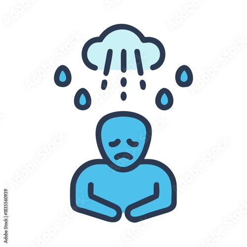 Conceptual illustration of sadness featuring a figure under a rain cloud