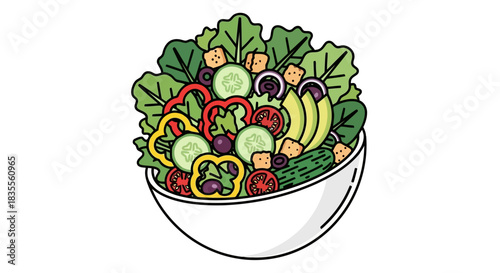 A vibrant and healthy salad bowl filled with fresh mixed vegetables and croutons Vector