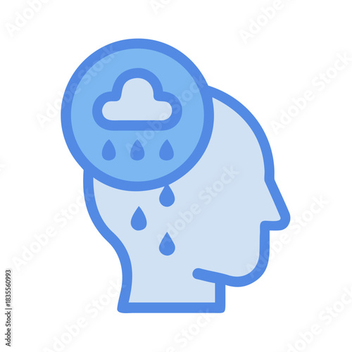 Blue head icon with rain cloud depicting depression, sadness, or mental health