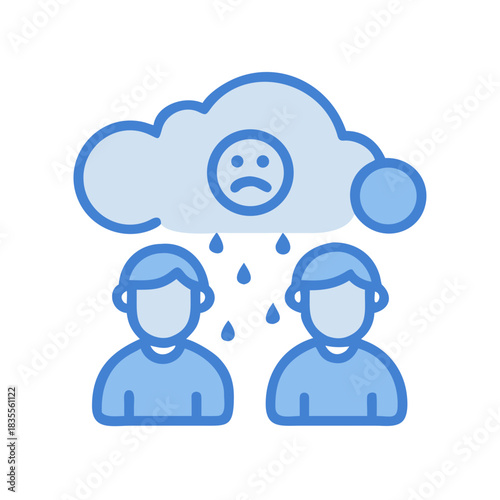 Depression and Sadness: A flat illustration depicting individuals under a cloud of sadness