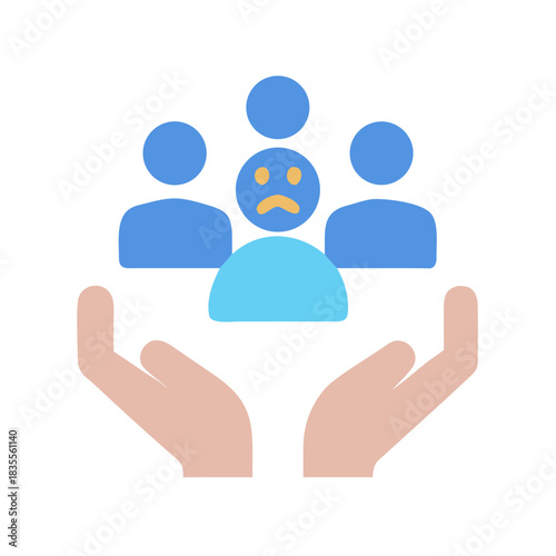 Illustration of support system with sad individual being helped by community