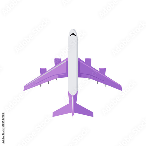 Aerial View of Passenger Plane with Wings and Purple Details Illustration for Air Travel and Modern Transportation