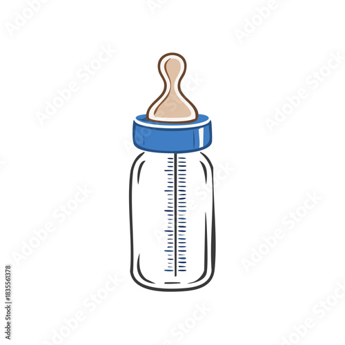 Baby Bottle Illustration with Scale Measurement Blue Cap and Brown Nipple