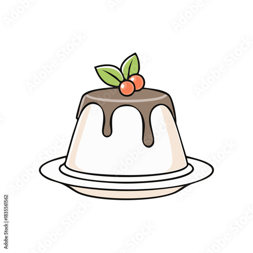 Panna cotta dessert with chocolate syrup and cherries on a plate cartoon illustration