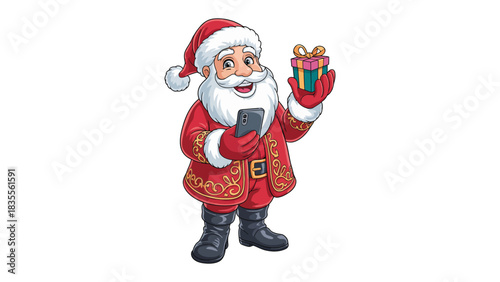 Santa Claus With Gift and Phone: A jolly Santa Claus, adorned in his iconic red suit, is captured holding a wrapped gift in one hand and his phone in another.