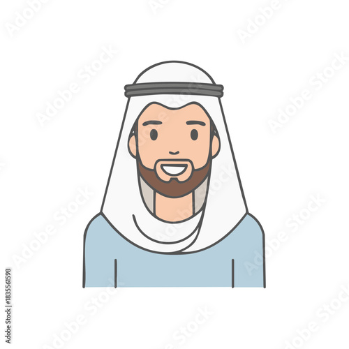 Cartoon portrait of Middle Eastern man in traditional headwear and beard. Vector art of Arabian person with kaffiyeh.