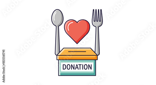 Food donation box with a heart, spoon, and fork symbolizing charitable giving Vector