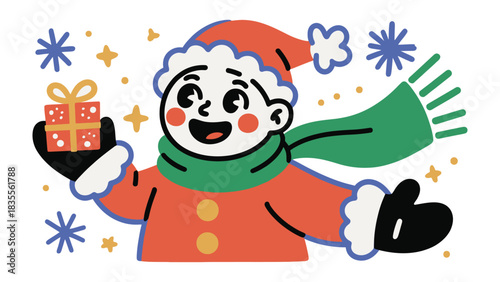 Joyful Winter Gift: A cheerful individual is wrapped in winter attire. Holding a festive gift, they are celebrating the season with joy and excitement. 
