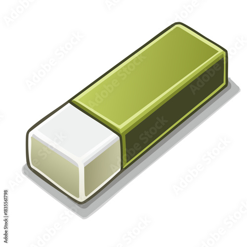 Cartoon illustration of a green and white rubber eraser with a shadow effect.