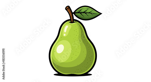 Fresh green cartoon pear fruit with a leaf and stem isolated Vector