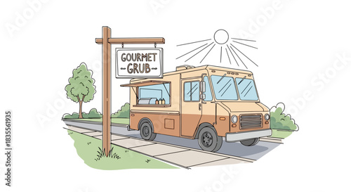 Gourmet grub food truck illustration parked on a sunny street with a welcoming sign Vector