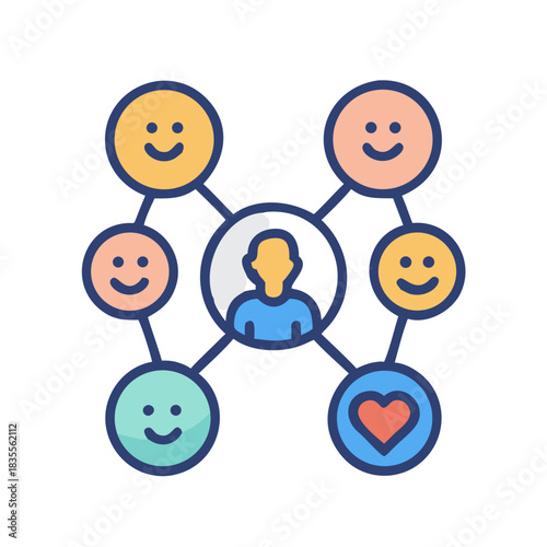Networked connections with central figure and smiling faces, love representation and support