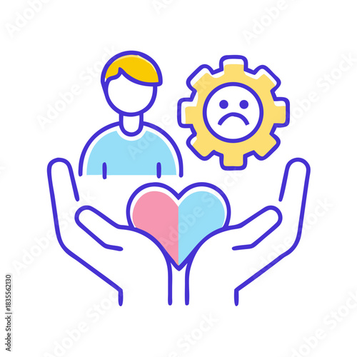 Mental wellbeing and mental health stock image featuring hands, a heart, and a gear