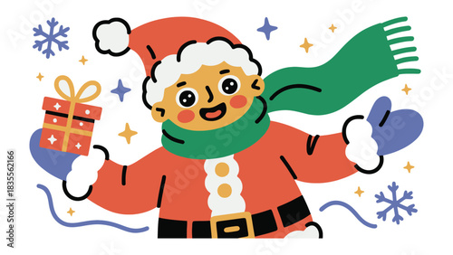 A Festive Gift Giver: A cheerful character, adorned in winter attire, enthusiastically presents a wrapped gift, embodying the spirit of holiday cheer and generosity.