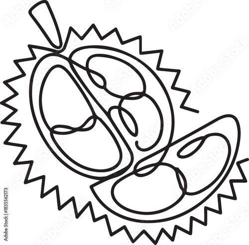 Single one line drawing whole and segment sliced healthy organic durian for orchard logo identity. Fresh tropical fruit concept for garden icon. one line Icon drawing