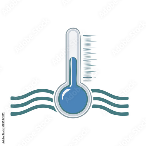 Thermometer with Blue Liquid and Waves Symbolizing Temperature Fluctuation