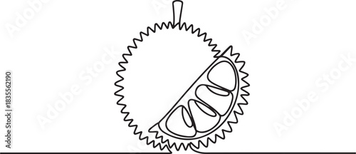 Single one line drawing whole and segment sliced healthy organic durian for orchard logo identity. Fresh tropical fruit concept for garden icon. one line Icon drawing