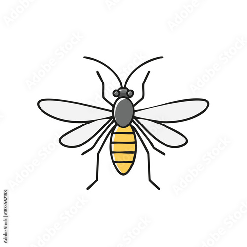 Cartoon mosquito icon with grey body and yellow stripes, fly isolated insect pest animal
