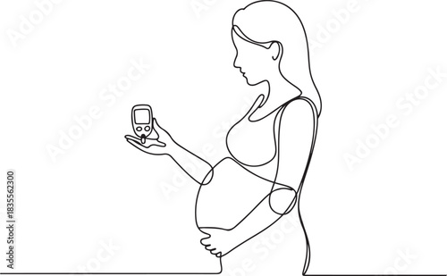 A pregnant woman holds a glucometer in her hand. Prevention and diagnosis of gestational diabetes. one line Icon drawing