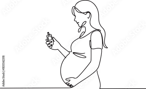 A pregnant woman holds a glucometer in her hand. Prevention and diagnosis of gestational diabetes. one line Icon drawing