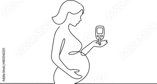 A pregnant woman holds a glucometer in her hand. Prevention and diagnosis of gestational diabetes. one line Icon drawing