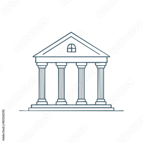 Minimalist linear illustration of building with columns, government architecture, banking concept, isolated building line art, historical facade
