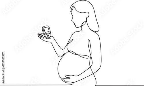 A pregnant woman holds a glucometer in her hand. Prevention and diagnosis of gestational diabetes. one line Icon drawing
