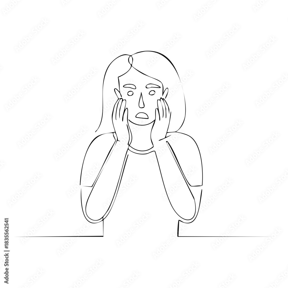 Obraz premium Worried Woman with Hands on Face Illustration One Line Art Style Depression Sadness Anxiety Mental Health