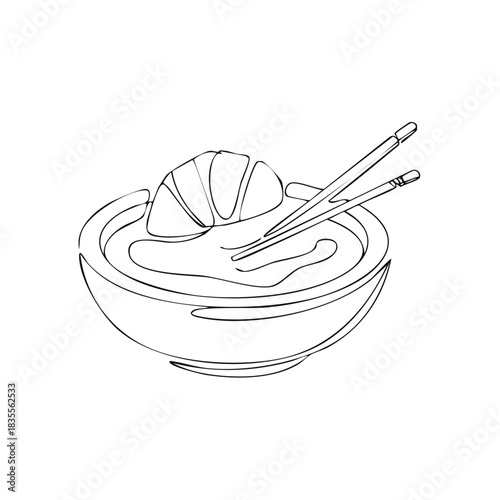 Minimalist Outline of Noodles with Shrimp and Chopsticks in Bowl, Asian Food Line Art