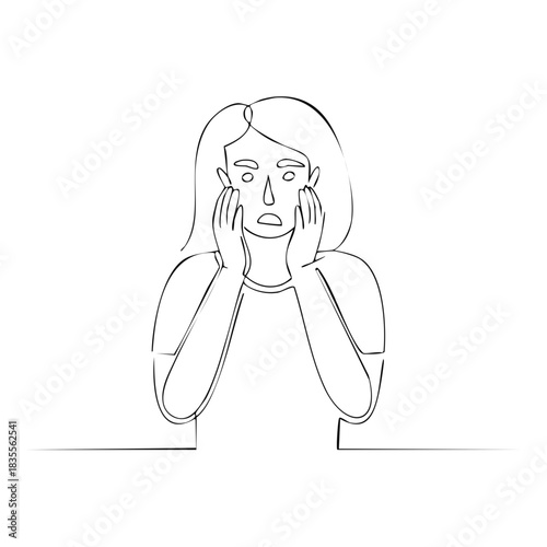 Worried Woman with Hands on Face Illustration One Line Art Style Depression Sadness Anxiety Mental Health