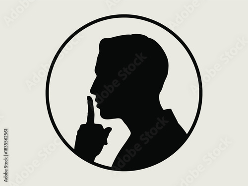 Silhouette of a man inside a circle requests silence with his finger near lips