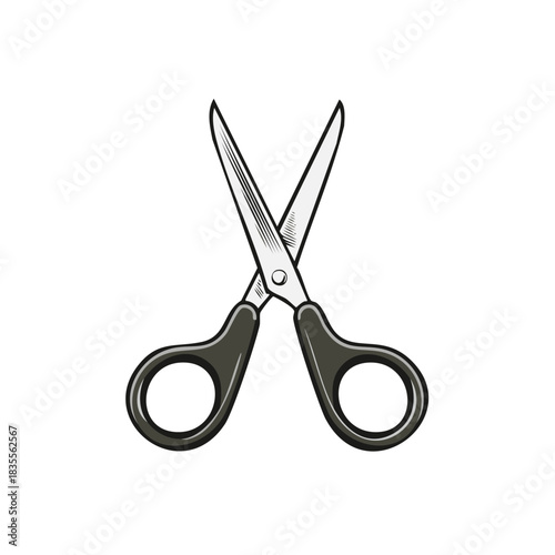 Open scissors illustration with sharp blades and black handles on a white background