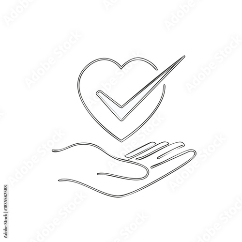 Line art hand holding heart with checkmark icon, healthy care, medical approval, and positive affirmation