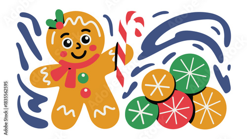 Festive Gingerbread Delight: A cheerful gingerbread figure adorned with a red scarf and candy cane, alongside a collection of vibrant festive candies, creating a whimsical Christmas tableau.