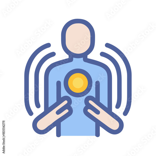 Human figure with energy symbol in the chest, spiritual concept in flat style