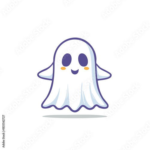 Cute cartoon ghost with purple eyes and blushing cheeks floating happily