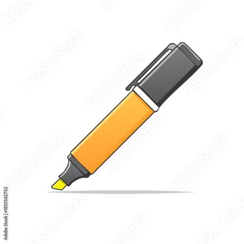 Bright orange highlighter pen with a black cap and yellow tip isolated on white