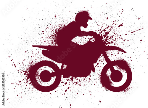 Motocross Dirt Bike Rider Silhouette with Grunge Splatter and Paint Drip Effect, Representing Extreme Motor Sport, Action, Speed, and Off-Road Race.