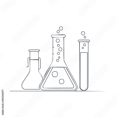 Science lab equipment outline showing three beakers with bubbling liquids and geometric precision for graphic designs and education